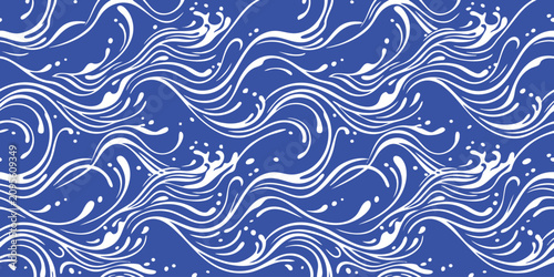 Fotografía Seamless pattern with stylized blue ocean waves and white sea foam lines in a de
