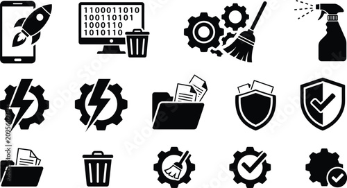 System optimization and computer cleaning icon set vector featuring rocket boost trash bin folder shield and gears