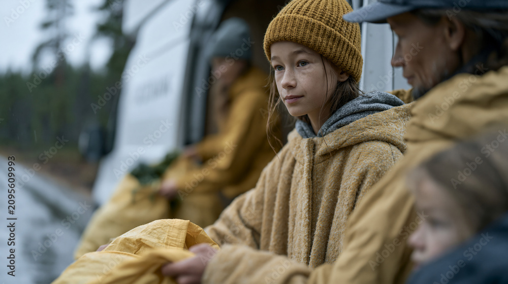 Fototapeta premium Sami food bank mobile distribution van parked on a rain-soaked rural road, volunteers handing produce bags through the side door to families, a child peeking from behind a