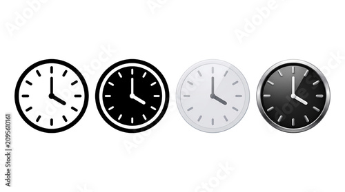 Analog clock icon collection. Round timepiece and wall clock symbols. Time management design element. Clean vector illustration