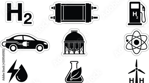 Fotografía Hydrogen energy and green technology icon set vector featuring electric car fuel