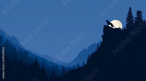 Silhouette of a wolf howling at the full moon on a mountain cliff at night.