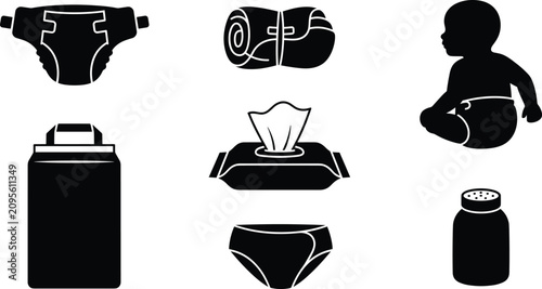 Cuadro en lienzo Baby care and diaper changing icon set vector featuring infant silhouette wipes