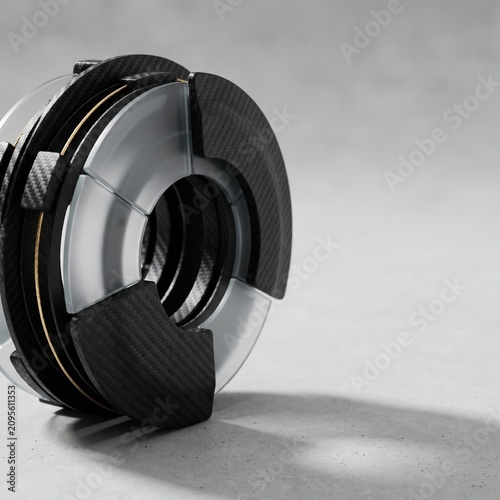 Creative Carbon fiber automotive clutch component, high-performance racing part with metallic finish, industrial mechanical assembly on grey background 2k