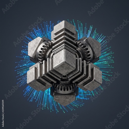 Creative Futuristic mechanical core with glowing fiber optics, industrial steel machine component, high-tech engine part for data processing and energy concepts 2k