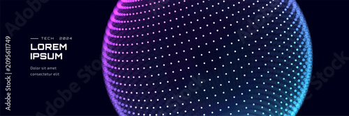 Abstract digital globe with glowing dots and polygonal network lines. Dark background futuristic tech sphere in blue and purple. Neon gradient global communication ai data and world network.