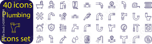 Plumbing Line Icons Set with Pipes, Water Systems, Repair Tools and Drainage – Editable Stroke