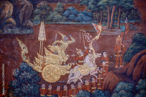 Traditional Thai Mural at Wat Phra Kaew Depicting a Royal Court Scene from the Ramakien Epic.