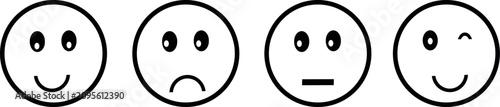 Konstfotografi Minimalist smiley face icons set, black outline emoji collection with happy sad