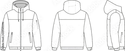 Bild auf Leinwand Technical fashion sketch of a men's sportswear hooded jacket design
