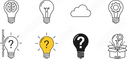 Schilderij op canvas Creative thinking business idea and problem solving icon set featuring lightbulb