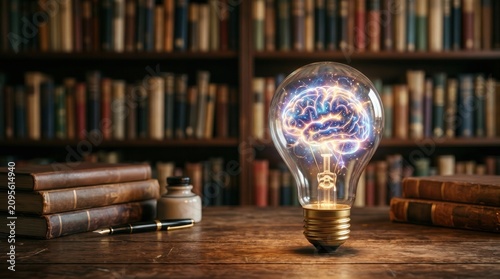 Glowing lightbulb with glowing brain inside on wooden desk. Library bookshelves in blurred background celebrating Knowledge Day.