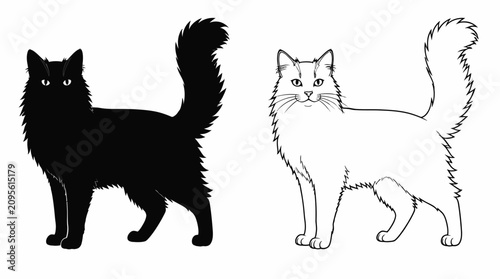 Long haired cat silhouette and outline drawing, minimalist design