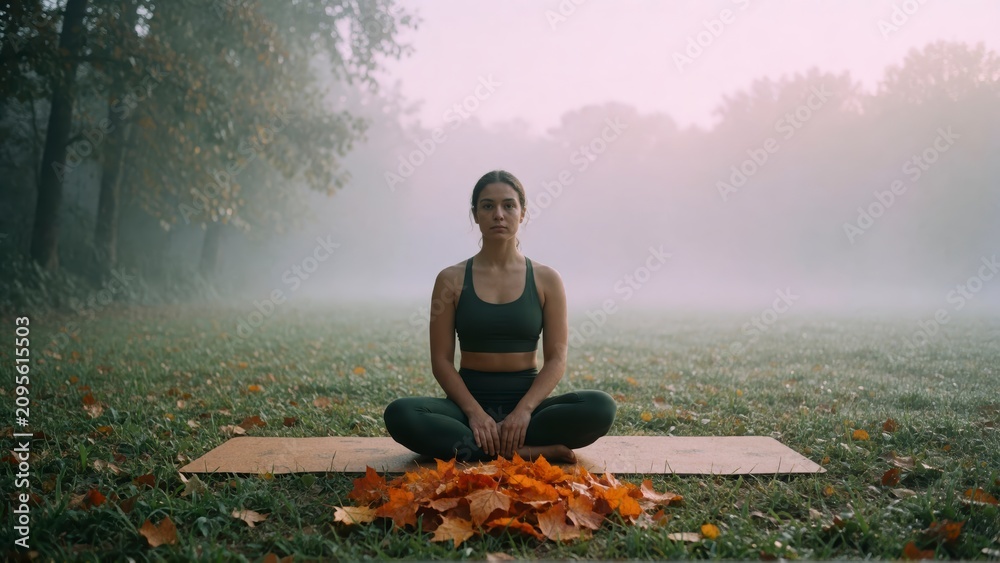 Fototapeta premium Woman practicing yoga in autumn park. Female meditating on mat during fall season morning mist.