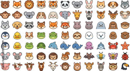 Canvas Print Cute animal faces avatar bundle with colorful kawaii safari creatures insects an