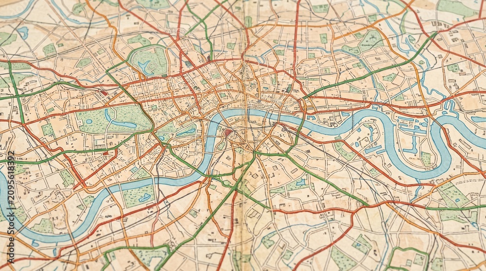 Fototapeta premium Vintage paper map with winding river, roads and urban grid in detailed close up, textured cartography showing streets, parks and waterways for travel planning and navigation