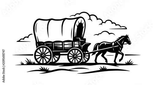 Bild auf Leinwand Horse Drawn Covered Wagon Traveling Through Landscape