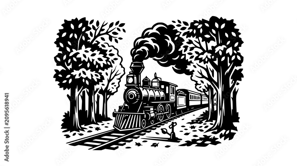 Fototapeta premium Vintage steam train traveling through a forest with trees and smoke.