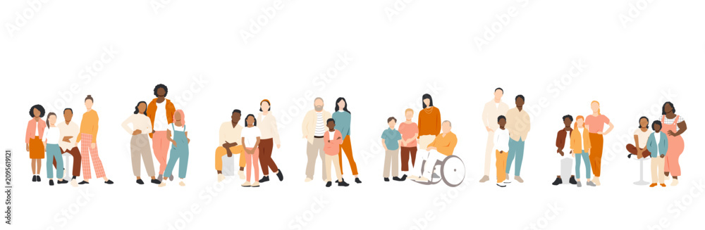 Obraz premium Multicultural group of mothers and fathers with kids.