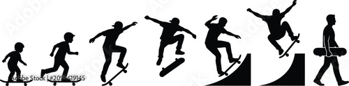 Bild auf Leinwand Skateboarder silhouette vector set, skateboarding trick progression, skate park