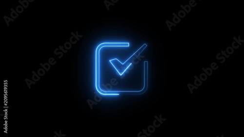 Blue neon checkmark in a square box glows brightly on black background motion.