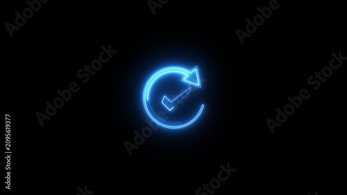 Neon blue glowing check mark symbol inside circular arrow loop animation isolated on black.
