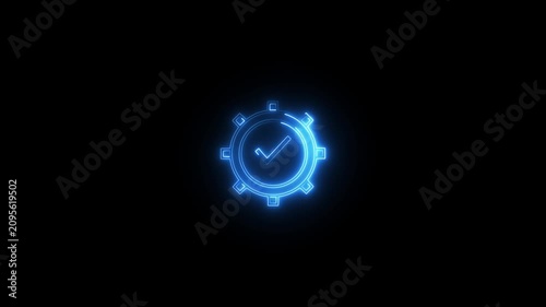 Neon blue check mark with gear motion graphic on black screen abstract background footage.