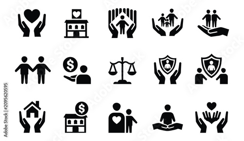 Canvastavla Social policy icon set, welfare and public service symbols for healthcare, education, housing, community support, government programs, and editable vector illustration