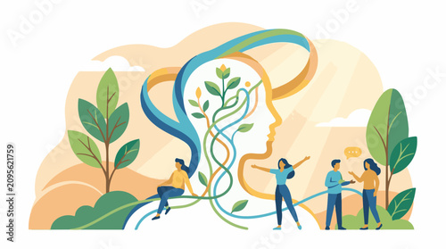 Illustration of people interacting with a stylized head with a plant growing out of it