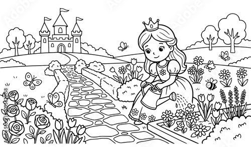 Beautiful Princess Caring for Flowers in Royal Garden Coloring Book Vector Illustration