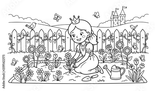 Princess Planting Flowers in Enchanted Kingdom Garden Coloring Book Vector