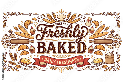 Freshly Baked breads and pastries with wheat and butter in a decorative border with chef hat and rolling pins