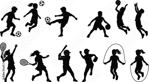 Fotografie Children playing sports black vector silhouettes set featuring soccer tennis bas