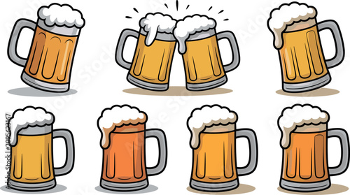 Quadro su tela Foamy beer mugs clinking collection vector icons set featuring traditional lager
