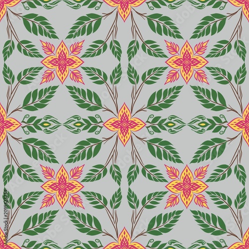 Red flowers and green leaves seamless pattern elements designed for background, wallpaper, decorating, fabric, wrapping, clothing, textiles, tiles, carpet, embroidery designs.