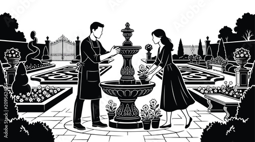 Quadro su tela A black and white vector illustration of a couple working together in a beautiful formal garden setting, carefully placing potted flowers around a classic stone fountain, elegant landscape design