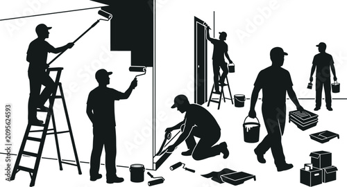 Professional house painters and decorators team silhouette painting walls during a home renovation project