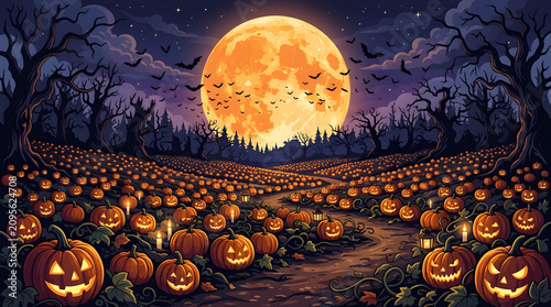 Spooky halloween pumpkin patch background with full moon and bats