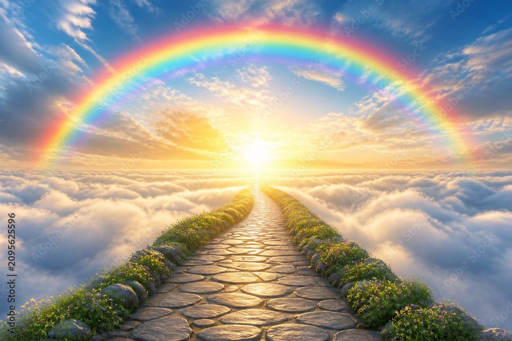Obraz premium Stone pathway leading through clouds toward rainbow sunrise