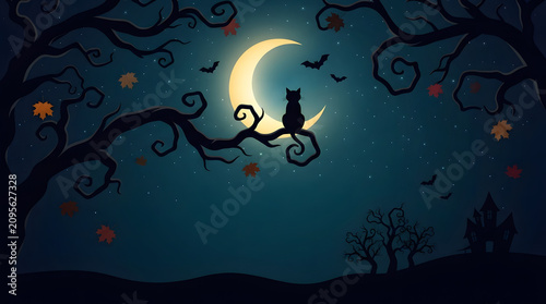 Spooky halloween background with black cat moon and haunted house illustration