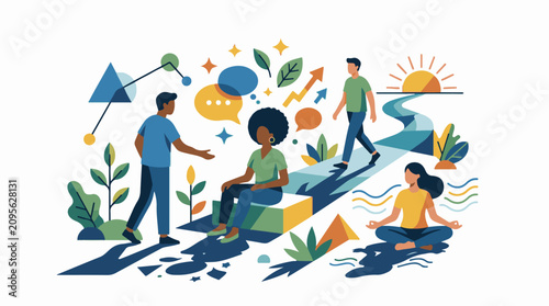 A colorful illustration of four people engaging in conversation and meditation outdoors
