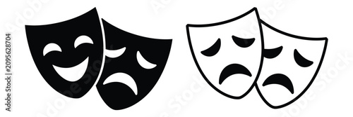 Foto Theater mask icon set, comedy and tragedy face symbols in minimal outline style for drama, emotions, performing arts, stage entertainment, and editable vector illustration