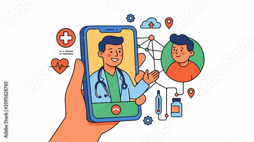 A cartoon illustration of a hand holding a smartphone with a doctor on the screen connected to a patient