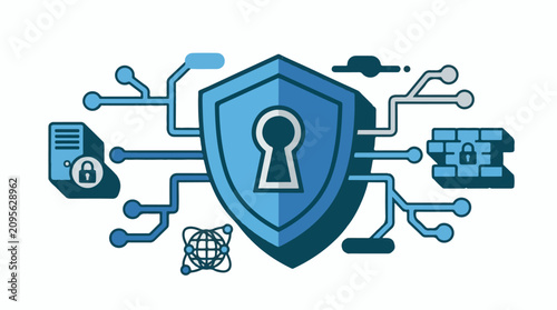 A blue shield with a keyhole and various security icons surrounding it