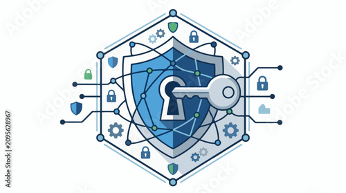 A blue shield with a keyhole and a key surrounded by security symbols