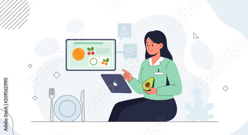 Nutritionist or dietitian using digital tools to analyze healthy food options and meal plans on a tablet and laptop