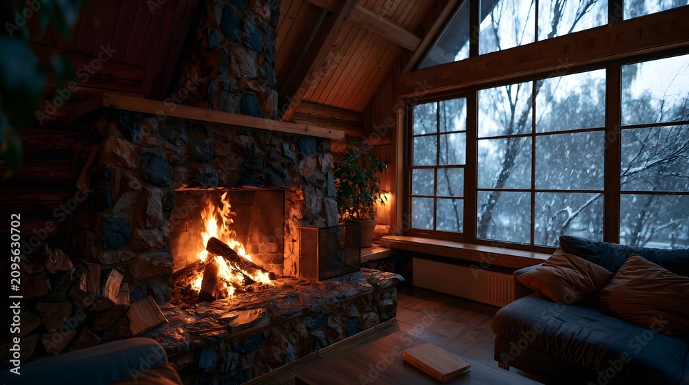 Obraz premium Cozy cabin interior with stone fireplace and roaring flames casting warm light against snow covered trees outside large