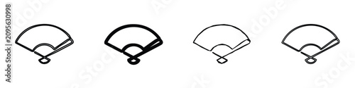 Four distinct outline drawings of a traditional folding fan, presented side-by-side on a white background