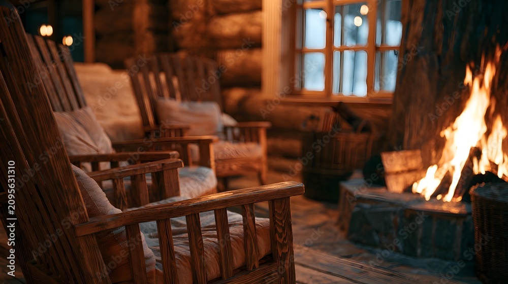 Obraz premium Cozy log cabin interior with wooden rocking chairs and a roaring fireplace casting warm light on rustic walls