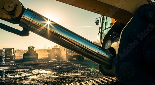 Construction machine hydraulic arm at sunset